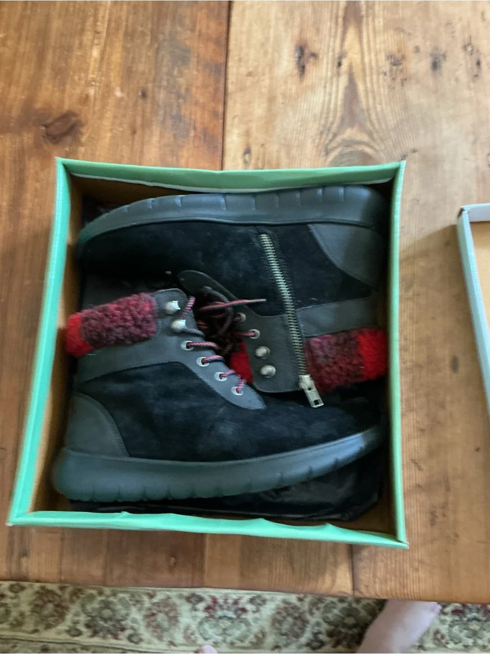 Coldwater Creek Black Suede Lace-Up Ankle Boots with Red Plaid Faux Fur Collar